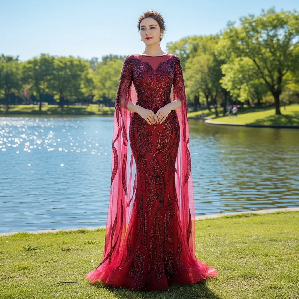 High-end Vintage Burgundy Beading Sequins Evening Dress Burgundy / 24W High-end Vintage Burgundy Beading Sequins Evening Dress Burgundy / 24W