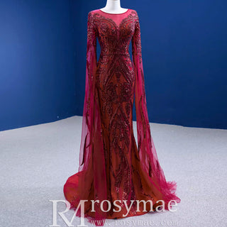 High-end Vintage Burgundy Beading Sequins Evening Dress