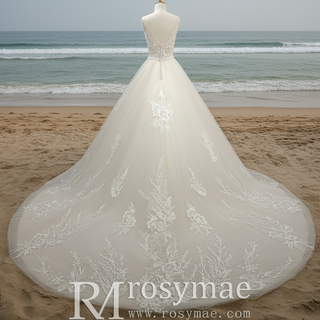 Classic A Line Deep V-Neck Wedding Dresses with Lace Applique