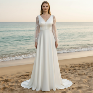 Elegant Deep V-Neck Wedding Dresses with Sheer Sleeves