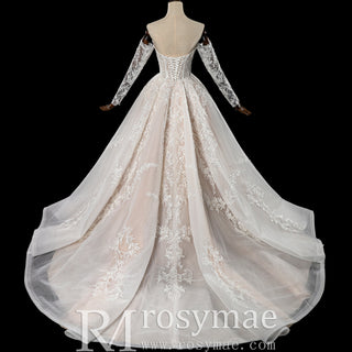 Detachable Long-Sleeve Lace Ball Gown Wedding Dress with Sweeping Train