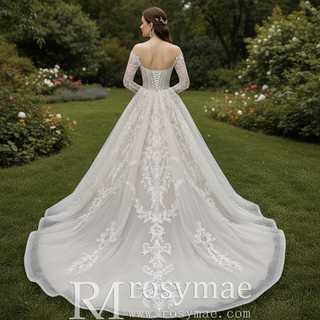 Detachable Long-Sleeve Lace Ball Gown Wedding Dress with Sweeping Train