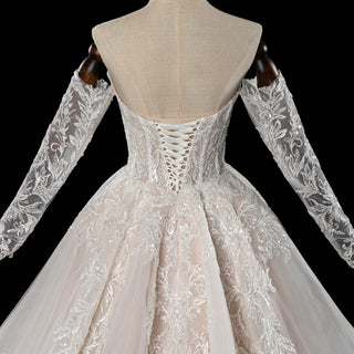 Detachable Long-Sleeve Lace Ball Gown Wedding Dress with Sweeping Train