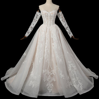 Detachable Long-Sleeve Lace Ball Gown Wedding Dress with Sweeping Train