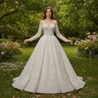 Detachable Long-Sleeve Lace Ball Gown Wedding Dress with Sweeping Train