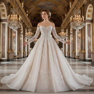 Detachable Long-Sleeve Lace Ball Gown Wedding Dress with Sweeping Train