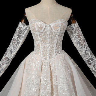 Detachable Long-Sleeve Lace Ball Gown Wedding Dress with Sweeping Train