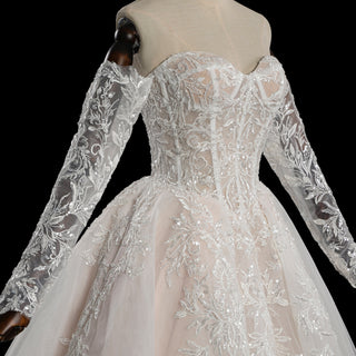 Detachable Long-Sleeve Lace Ball Gown Wedding Dress with Sweeping Train