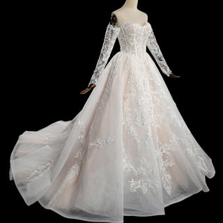 Detachable Long-Sleeve Lace Ball Gown Wedding Dress with Sweeping Train
