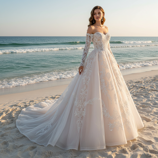 Detachable Long-Sleeve Lace Ball Gown Wedding Dress with Sweeping Train