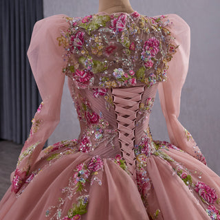 Convertible Quinceañera Dress with Lace-Up Back 3D Floral Appliqués & Tiered Tulle Skirt