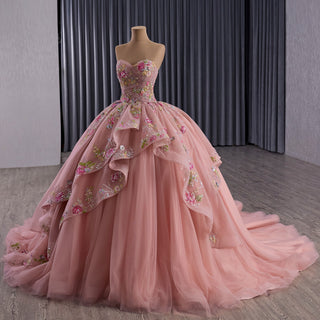 Convertible Quinceañera Dress with Lace-Up Back 3D Floral Appliqués & Tiered Tulle Skirt