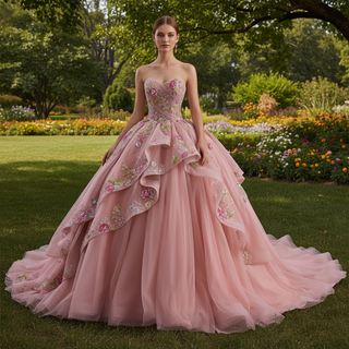 Convertible Quinceañera Dress with Lace-Up Back 3D Floral Appliqués & Tiered Tulle Skirt