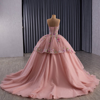 Convertible Quinceañera Dress with Lace-Up Back 3D Floral Appliqués & Tiered Tulle Skirt