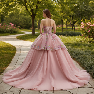 Convertible Quinceañera Dress with Lace-Up Back 3D Floral Appliqués & Tiered Tulle Skirt