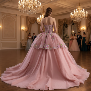 Convertible Quinceañera Dress with Lace-Up Back 3D Floral Appliqués & Tiered Tulle Skirt