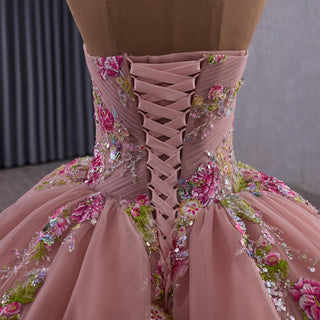 Convertible Quinceañera Dress with Lace-Up Back 3D Floral Appliqués & Tiered Tulle Skirt