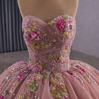 Convertible Quinceañera Dress with Lace-Up Back 3D Floral Appliqués & Tiered Tulle Skirt