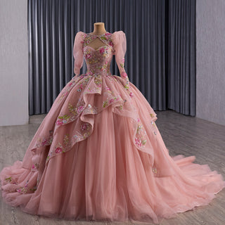 Convertible Quinceañera Dress with Lace-Up Back 3D Floral Appliqués & Tiered Tulle Skirt