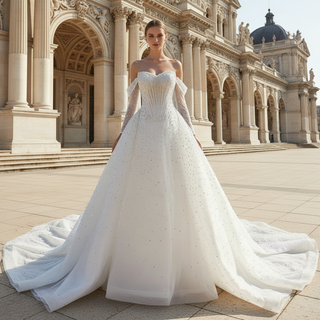 Off Shoulder Wedding Dress with Intricate Pearl Beading and Removable Skirt