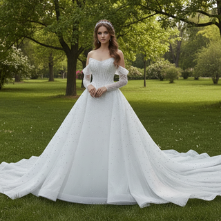 Off Shoulder Wedding Dress with Intricate Pearl Beading and Removable Skirt