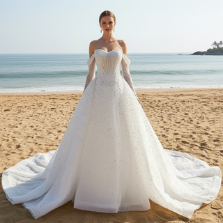 Off Shoulder Wedding Dress with Intricate Pearl Beading and Removable Skirt