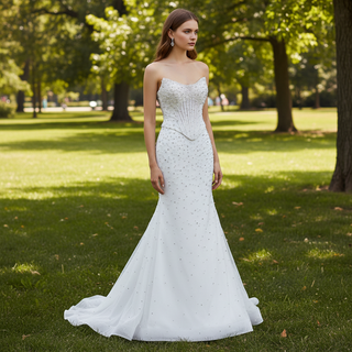 Off Shoulder Wedding Dress with Intricate Pearl Beading and Removable Skirt