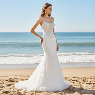 Off Shoulder Wedding Dress with Intricate Pearl Beading and Removable Skirt