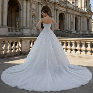Off Shoulder Wedding Dress with Intricate Pearl Beading and Removable Skirt