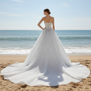 Off Shoulder Wedding Dress with Intricate Pearl Beading and Removable Skirt