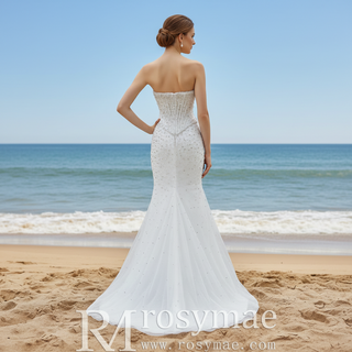 Off Shoulder Wedding Dress with Intricate Pearl Beading and Removable Skirt