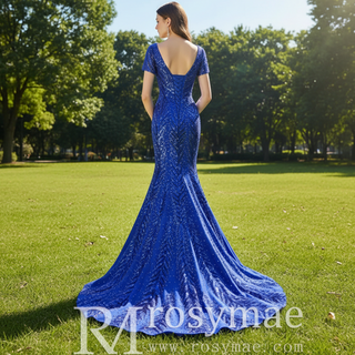 Royal Blue Sparkly Prom Dress Evening Gown with Detachable Train