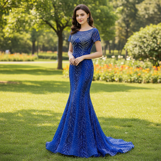 Royal Blue Sparkly Prom Dress Evening Gown with Detachable Train