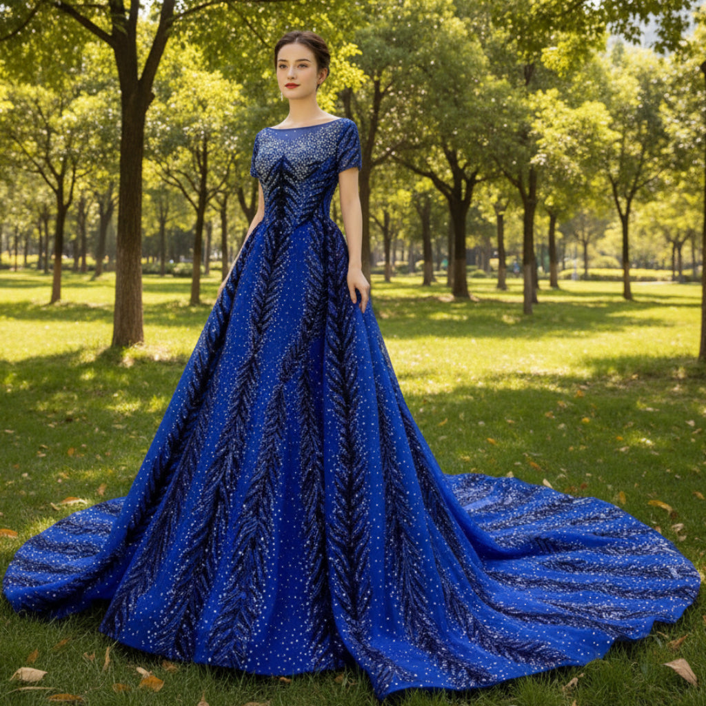 Royal Blue Sparkly Prom Dress Evening Gown with Detachable Train Rosymae Royal Blue Sparkly Prom Dress Evening Gown with Detachable Train Rosymae