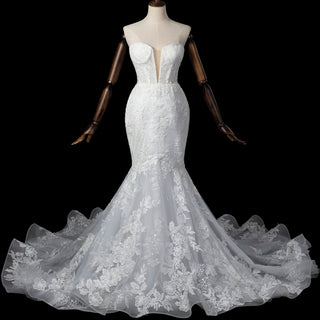Trumpet-Mermaid Wedding Dress with Plunge Sweetheart & Detachable Puff Sleeves