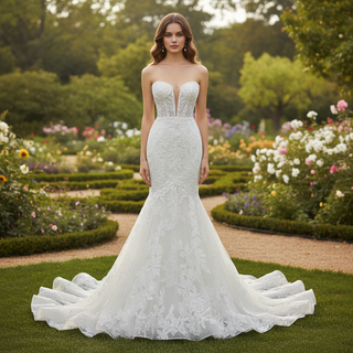 Trumpet-Mermaid Wedding Dress with Plunge Sweetheart & Detachable Puff Sleeves