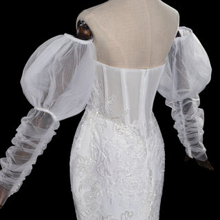 Trumpet-Mermaid Wedding Dress with Plunge Sweetheart & Detachable Puff Sleeves