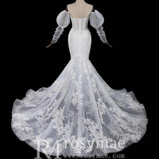Trumpet-Mermaid Wedding Dress with Plunge Sweetheart & Detachable Puff Sleeves