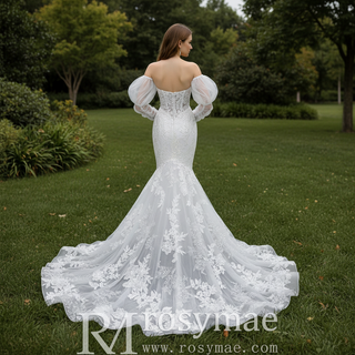 Trumpet-Mermaid Wedding Dress with Plunge Sweetheart & Detachable Puff Sleeves