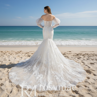 Trumpet-Mermaid Wedding Dress with Plunge Sweetheart & Detachable Puff Sleeves