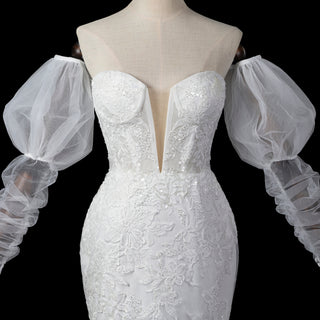 Trumpet-Mermaid Wedding Dress with Plunge Sweetheart & Detachable Puff Sleeves