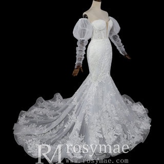 Trumpet-Mermaid Wedding Dress with Plunge Sweetheart & Detachable Puff Sleeves