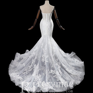 Trumpet-Mermaid Wedding Dress with Plunge Sweetheart & Detachable Puff Sleeves