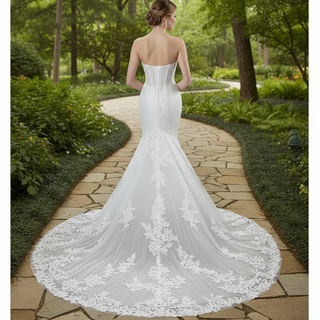 Trumpet-Mermaid Wedding Dress with Plunge Sweetheart & Detachable Puff Sleeves