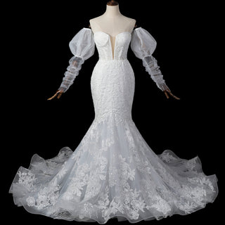 Trumpet-Mermaid Wedding Dress with Plunge Sweetheart & Detachable Puff Sleeves