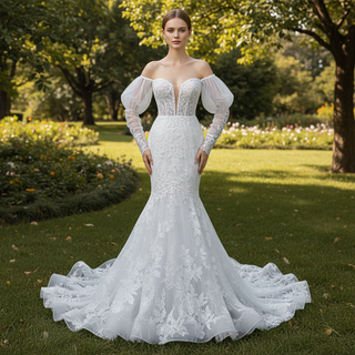 Trumpet-Mermaid Wedding Dress with Plunge Sweetheart & Detachable Puff Sleeves