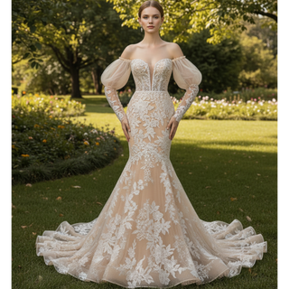 Trumpet-Mermaid Wedding Dress with Plunge Sweetheart & Detachable Puff Sleeves