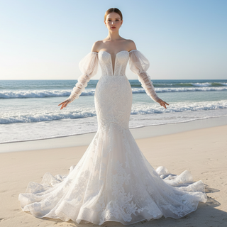 Trumpet-Mermaid Wedding Dress with Plunge Sweetheart & Detachable Puff Sleeves