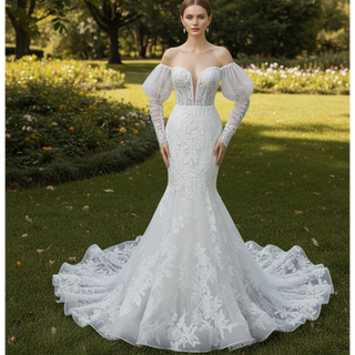 Trumpet-Mermaid Wedding Dress with Plunge Sweetheart & Detachable Puff Sleeves