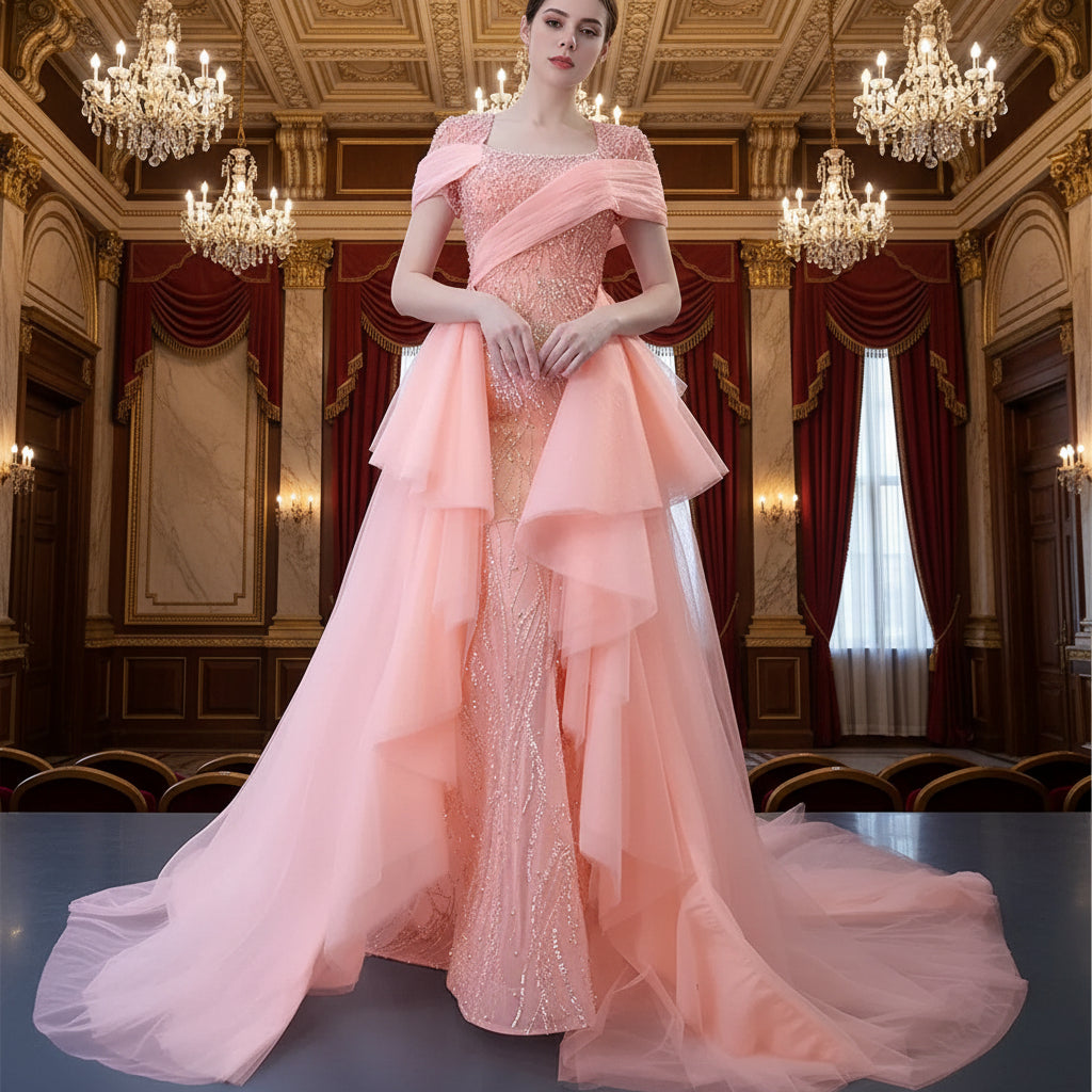 Pink Detachable Train Beading Mermaid Evening Gown See Through Party Dress Pink / 6 Pink Detachable Train Beading Mermaid Evening Gown See Through Party Dress Pink / 6